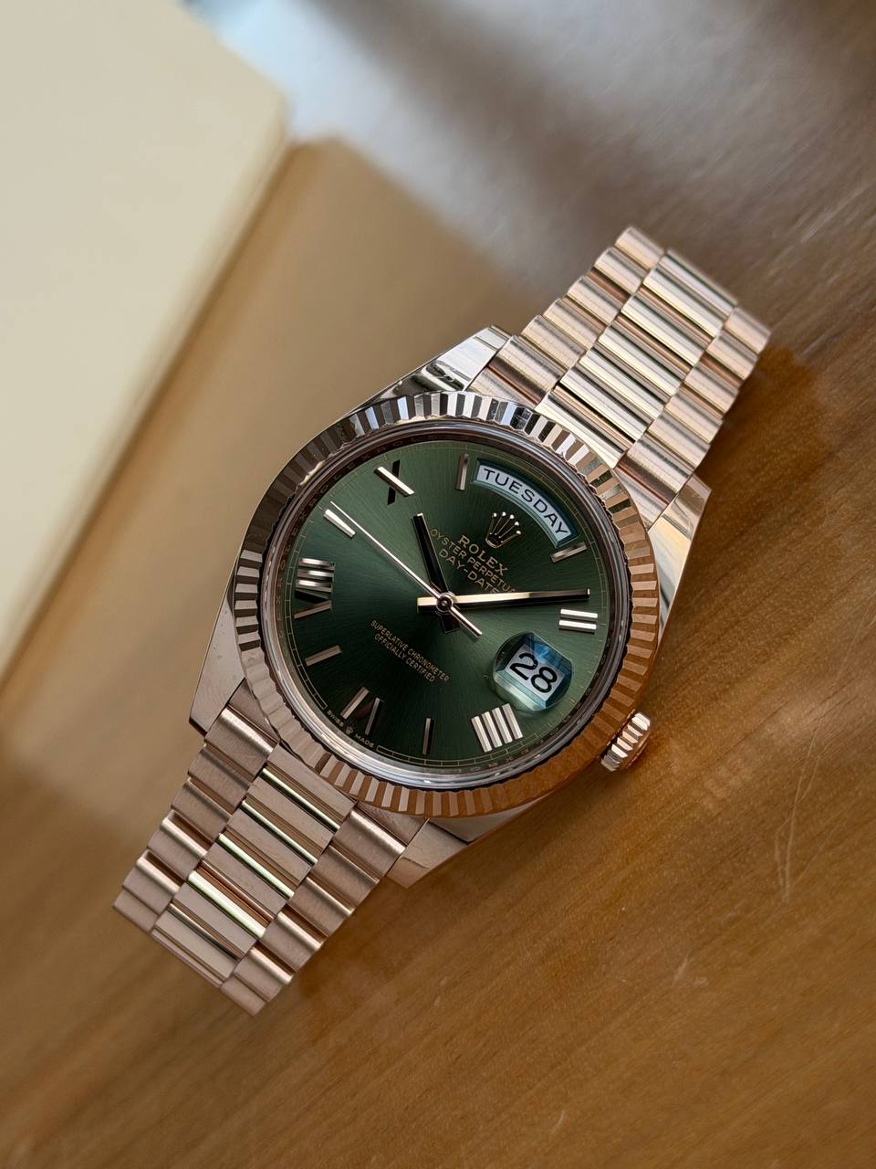 Rolex Day-Date Olive Dial President 228235 40mm Rose Gold 