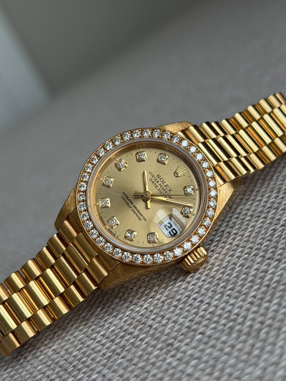 Rolex Lady-Datejust President 26mm Champagne Dial and Diamond Bezel W Series 69178